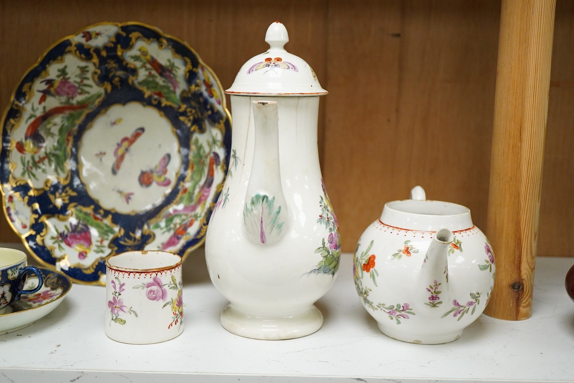 A Derby fantastic birds painted coffee pot, c.1760-65, 24cm high, a Bow porcelain teapot and similar coffee can, c.1770